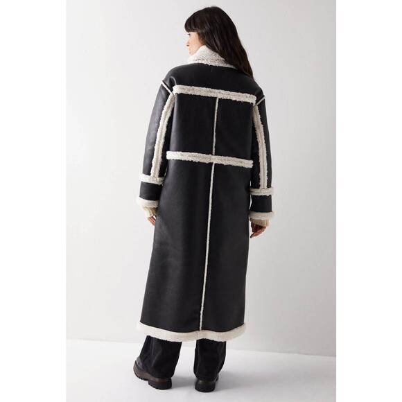 New Nasty Gal Longline Faux Leather Aviator Coat Jacket Black 4 Shearling - Picture 2 of 13